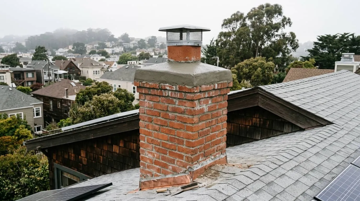 A freshly repaired chimney crown on a Craftsman-era Brown Shingle house in Berkeley’s Elmwood neighborhood