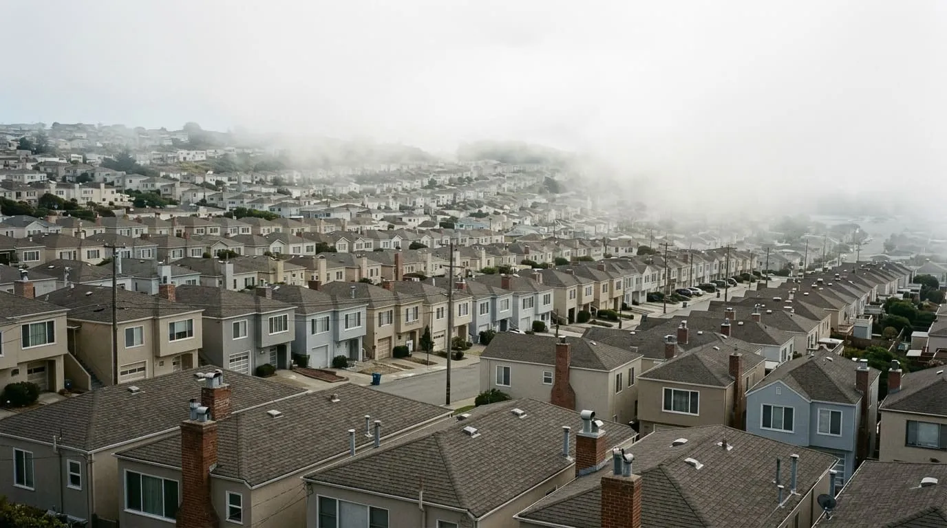 Rows of fog-shrouded stucco tract-home rooflines with metal chimney caps in Daly City’s Westlake district