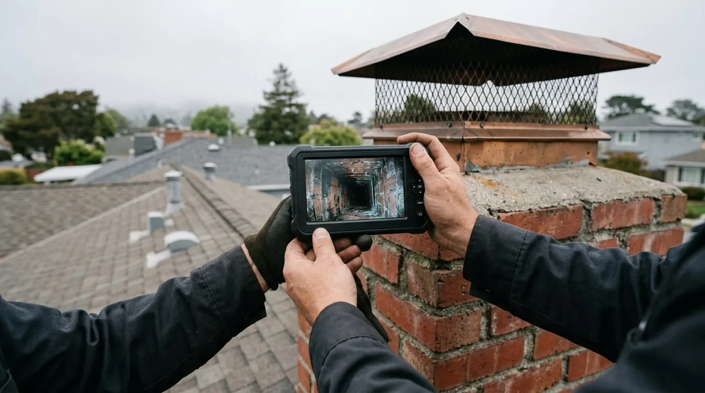 A technician viewing a live camera feed on a monitor while inspecting the inside of a chimney flue